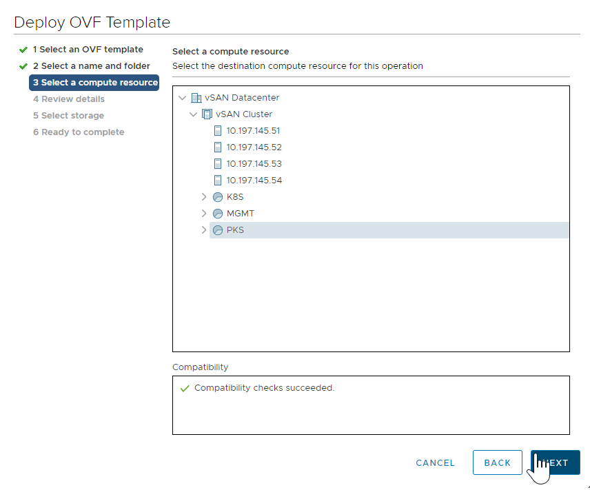 vCenter UI OVF Template Select a compute resource tab