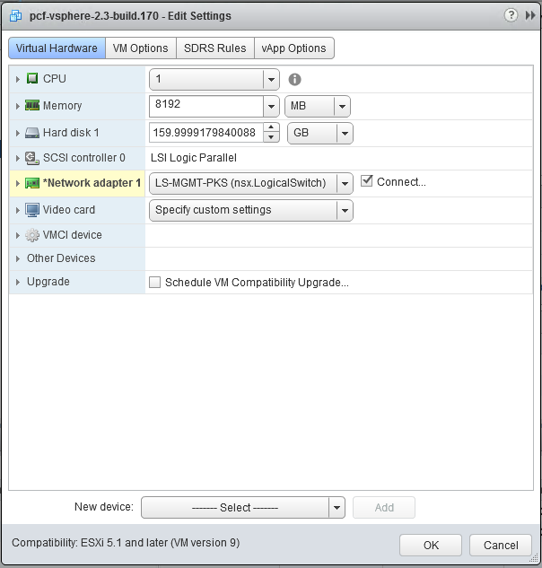 vCenter UI Ops Manager VM Edit Settings Virtual Hardware tab Network adapter 1 configuration