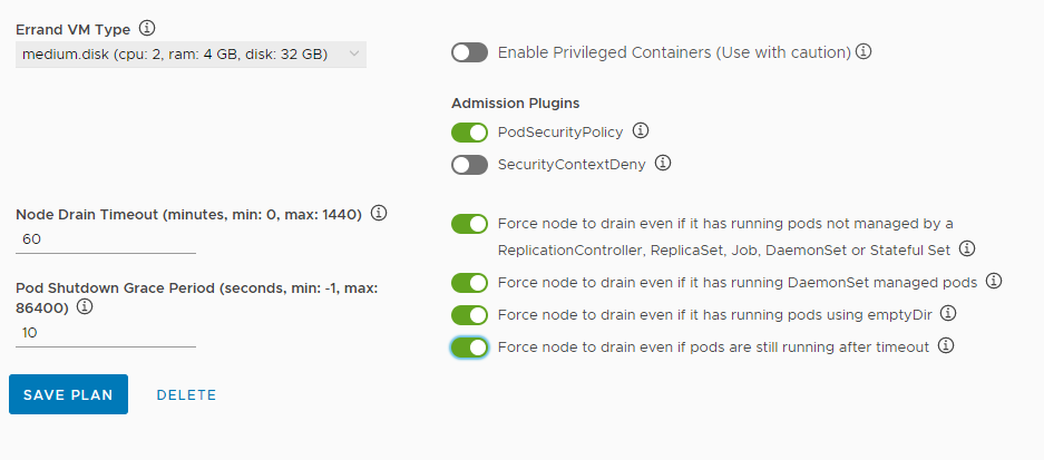 Configure errand VM, admission plugins and node drain