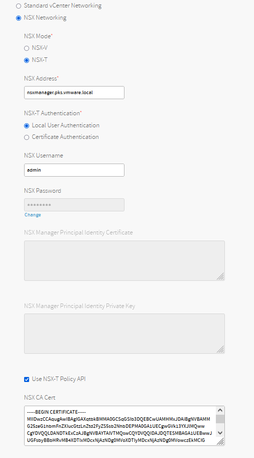 TKGI tile vCenter Config tab with NSX networking selected