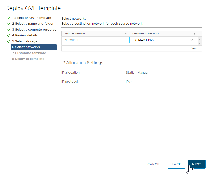 vCenter UI OVF Template Select Storage tab configured with LS-MGMT-PKS as the Destination Network for Source Network Network 1