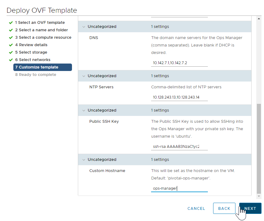 vCenter UI OVF Template Customize template tab with DNS, NTP Servers, Public SSH Key, and Custom Hostname settings