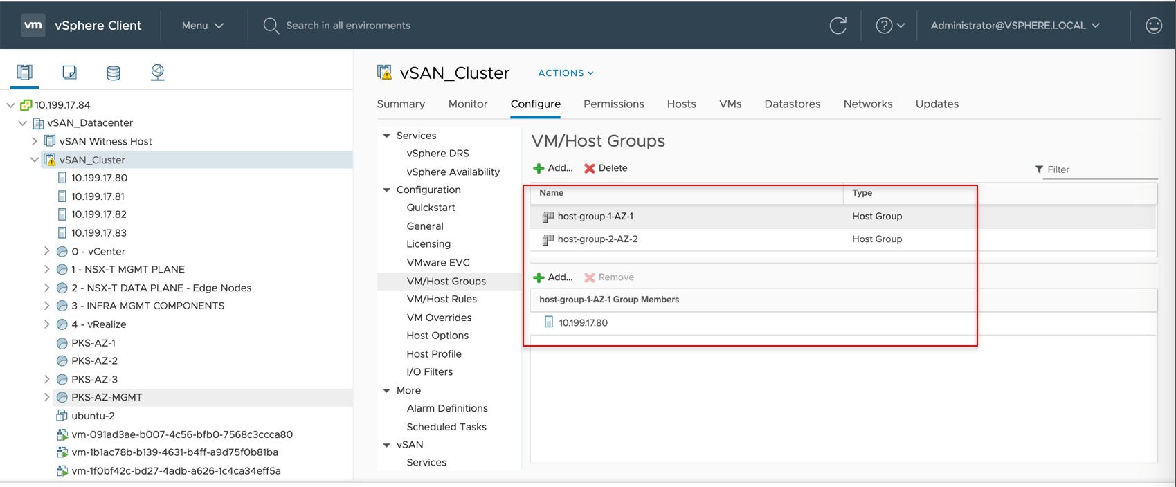 New Host Group added to the VM/Host Groups section of the vSAN_Cluster tab.
