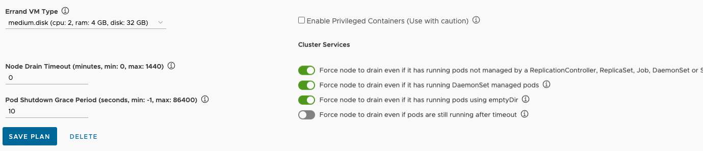 Configure errand VM, admission plugins and node drain