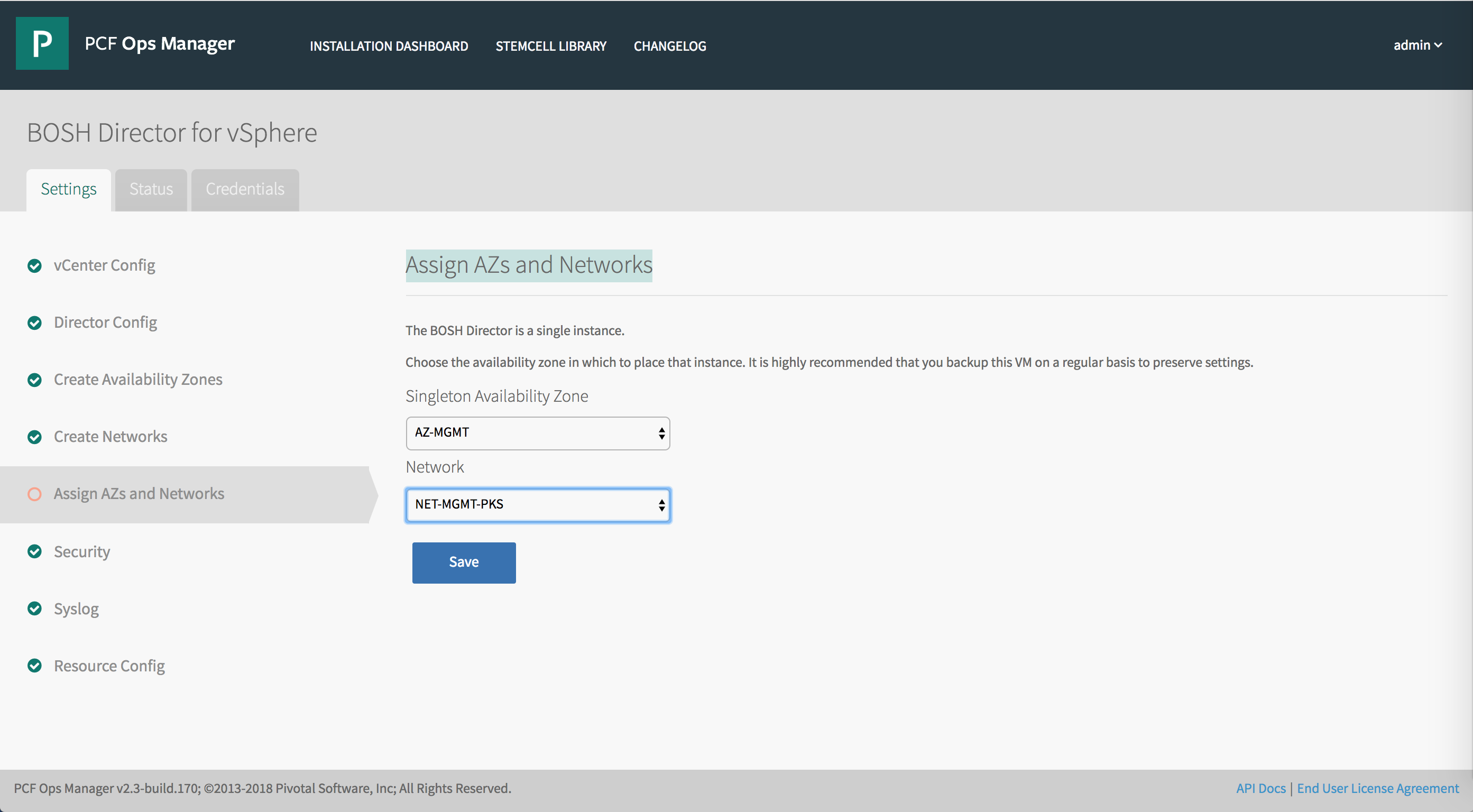 TKGI tile Assign AZs and Networks tab default configuration