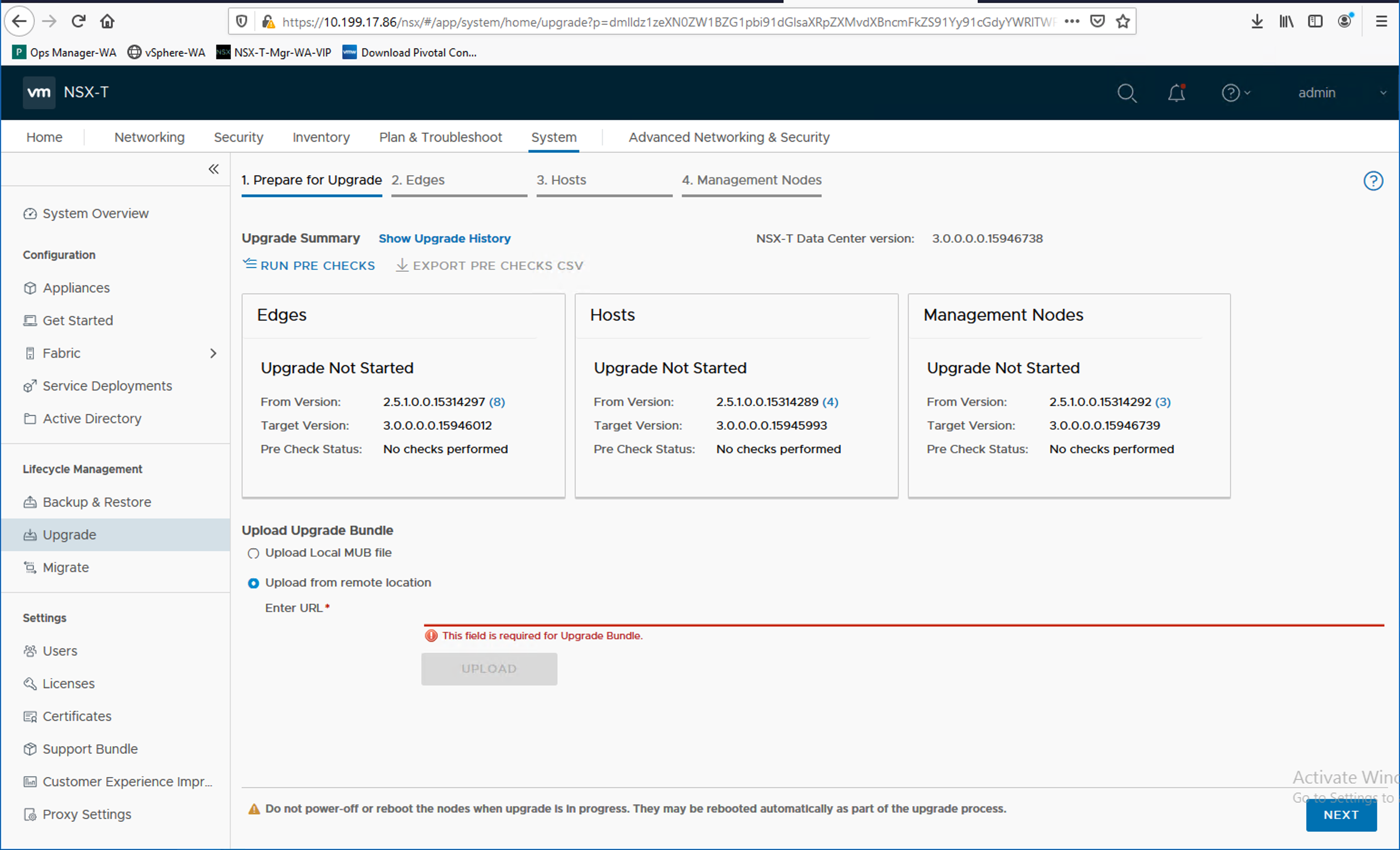 The NSX Manager Upgrade tab with Upgrade From remote Location selected.