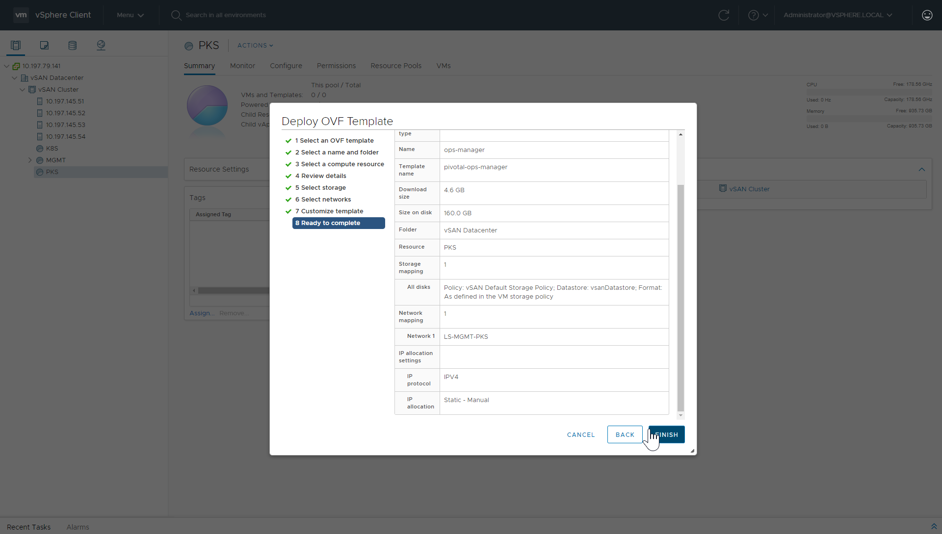 vCenter UI OVF Template Ready to complete tab with settings that are about to be committed