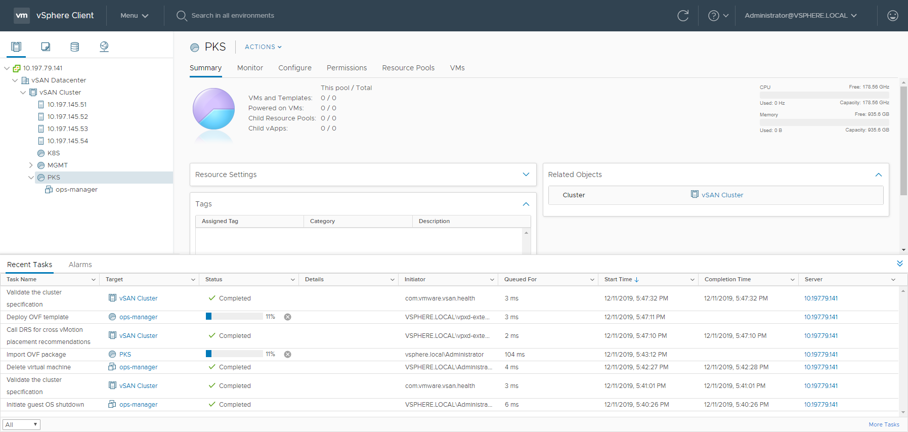 vCenter UI showing ops-manager cluster completion