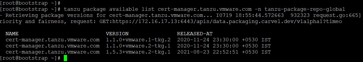 Sample output of the tanzu package available list cert-manager.tanzu.vmware.com command