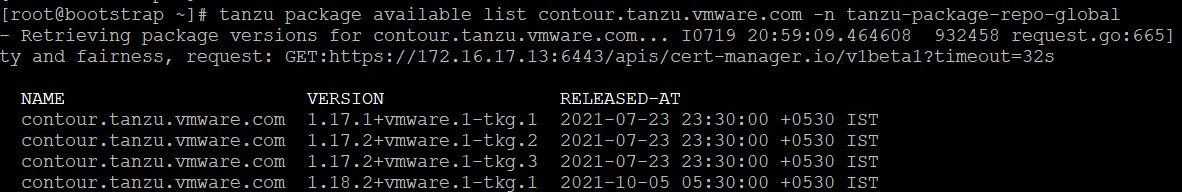 Sample output of tanzu package available list command for Contour