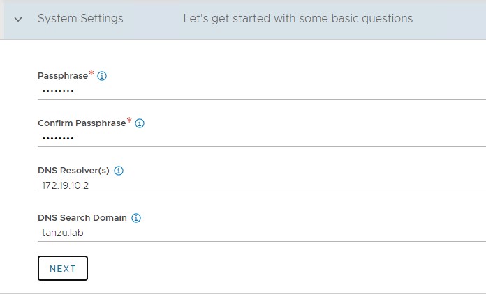 Configure System Settings by specifying the backup passphrase and DNS information