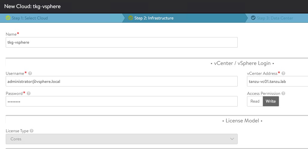 Specify infrastructure details for VMware vCenter or vSphere ESX cloud for NSX ALB configuration