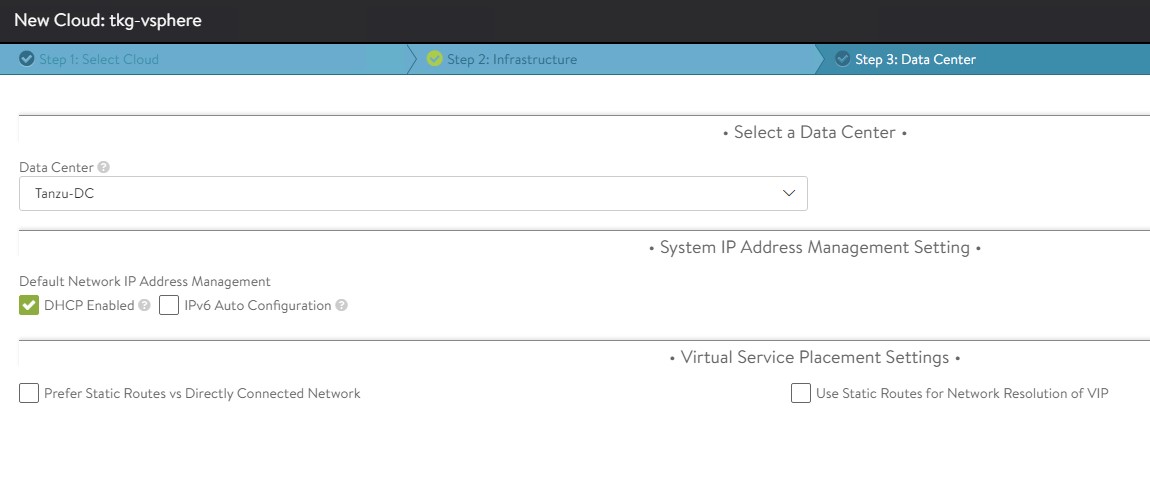 Specify datacenter details for VMware vCenter or vSphere ESX cloud for NSX ALB configuration