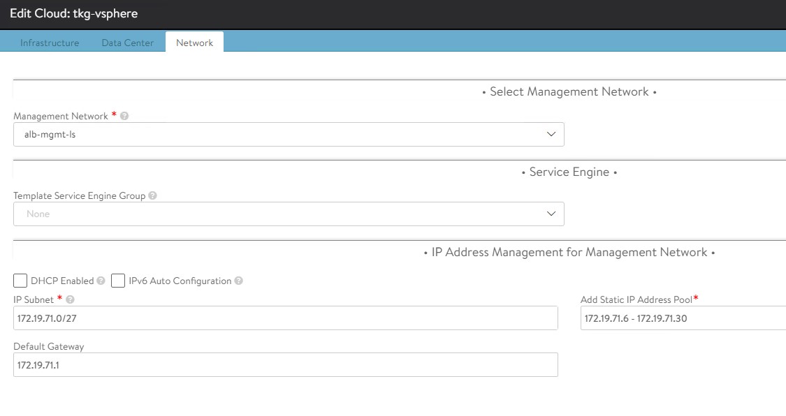 Specify network details for VMware vCenter or vSphere ESX cloud for NSX ALB configuration