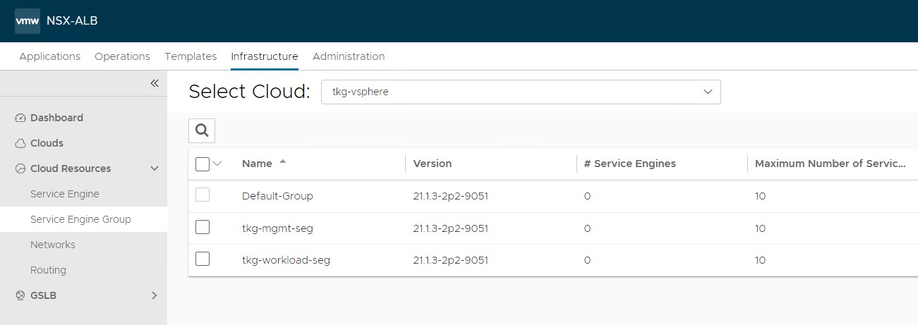 Created service engine groups for Tanzu Kubernetes Grid management and workload clusters