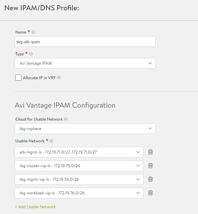 Enter details for creating new IPAM profile