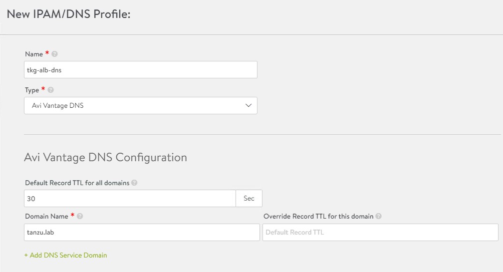 Enter details for creating new DNS profile