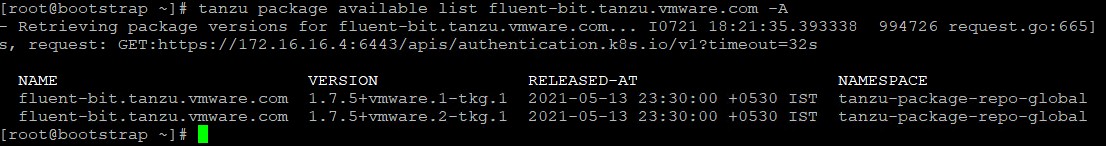 Sample output of tanzu package available list command for Fluent Bit