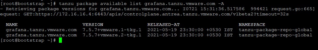 Sample output of tanzu package available list command for Grafana