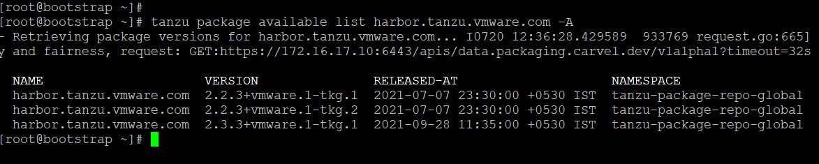 Sample output of tanzu package available list command for Harbor