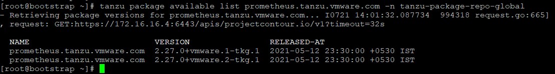 Sample output of tanzu package available list command for Prometheus