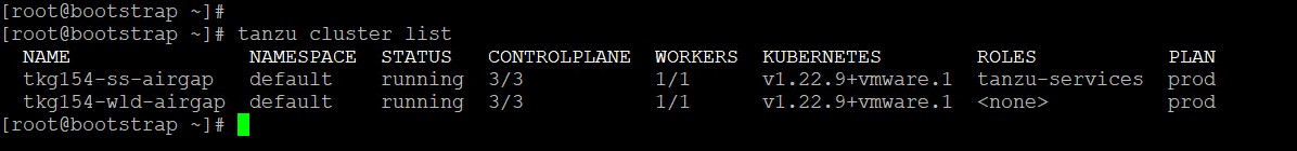 Sample output of the tanzu cluster list command