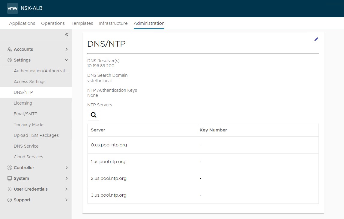 Configure DNS/NTP screen