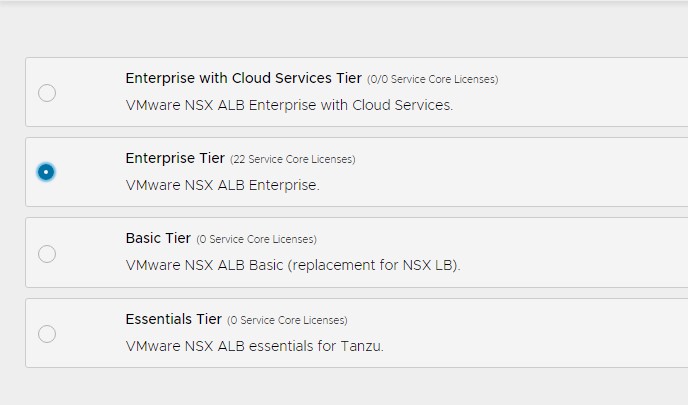 NSX ALB Select License type screen