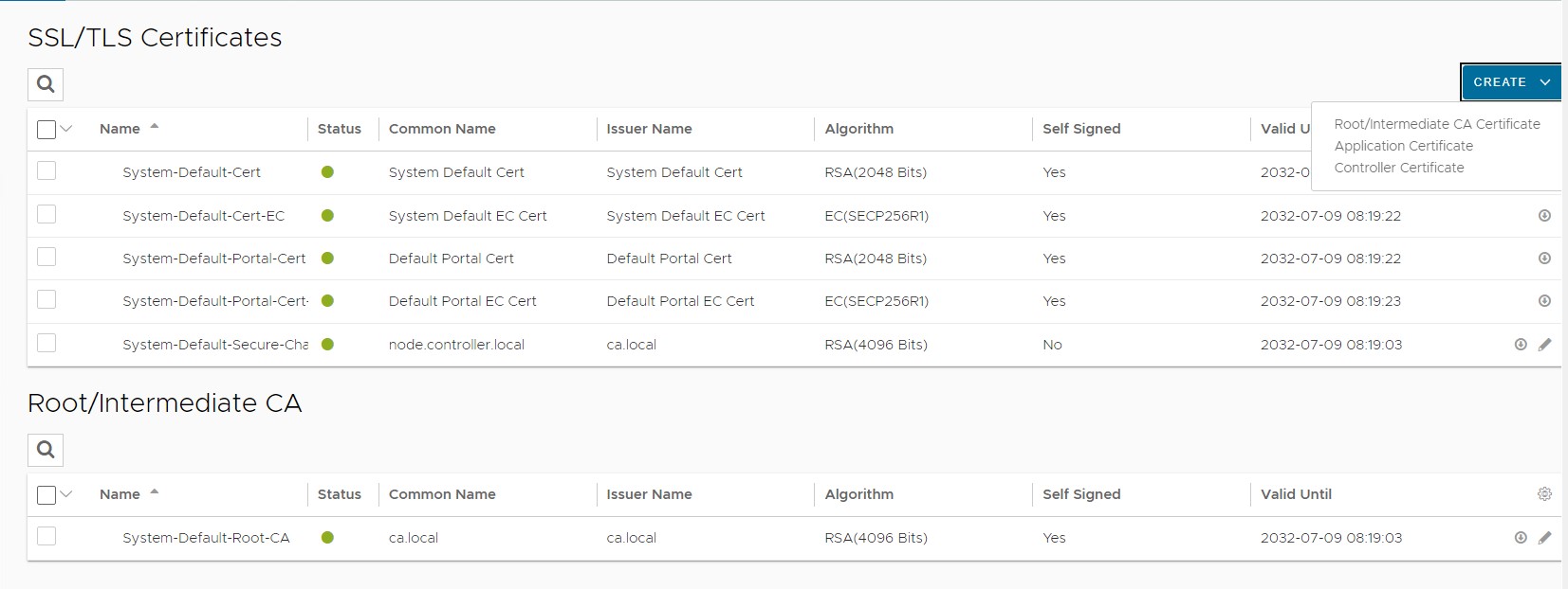 SSL/TLS Certificates screen