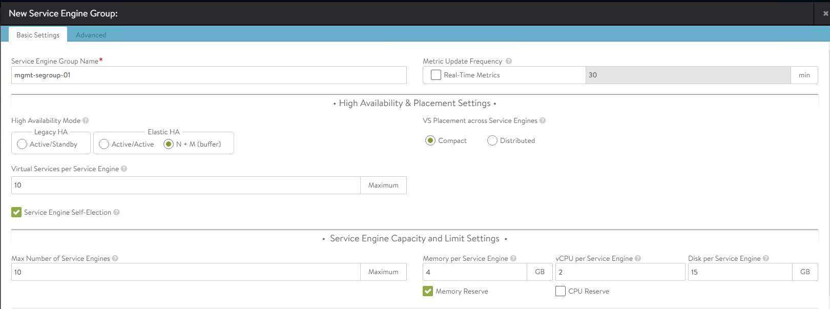 New Service Engine group basic settings