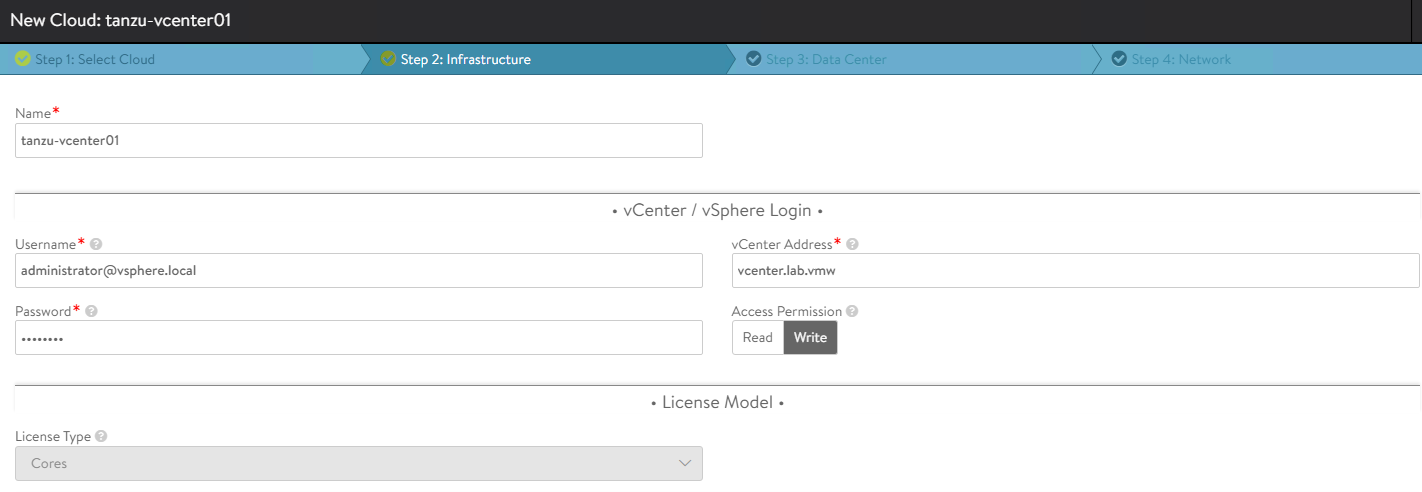 Enter infrastructure information for vCenter Cloud