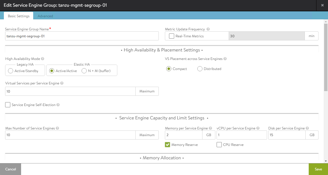 Create service engine group - basic settings