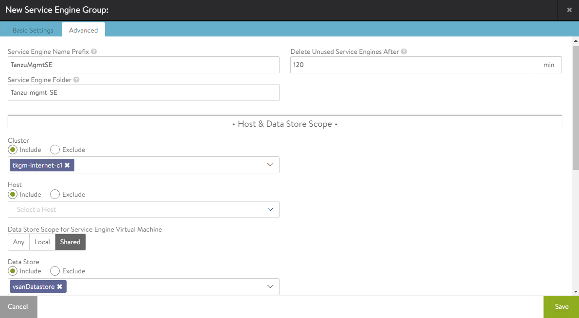 Create service engine group - advanced settings