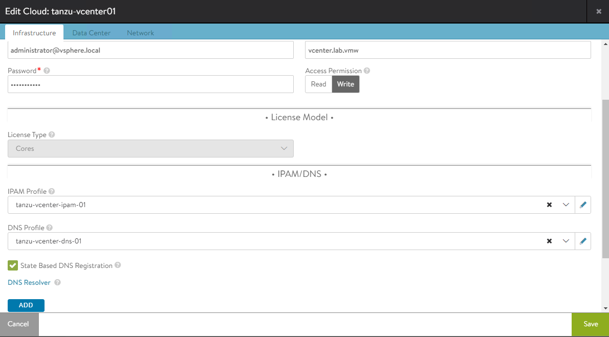 Select IPAM and DNS profiles