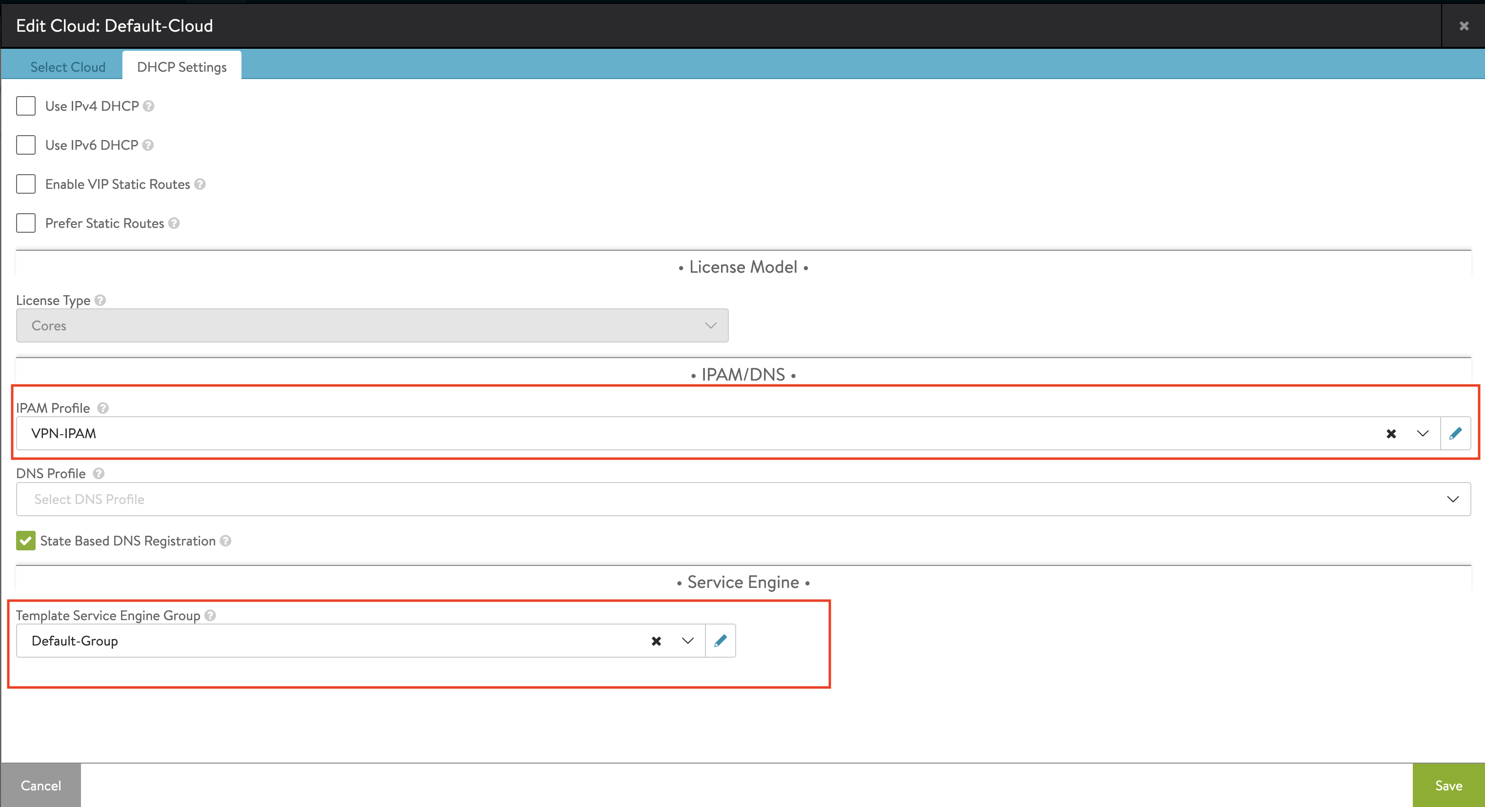 Add the IPAM and DNS Profiles to the Cloud