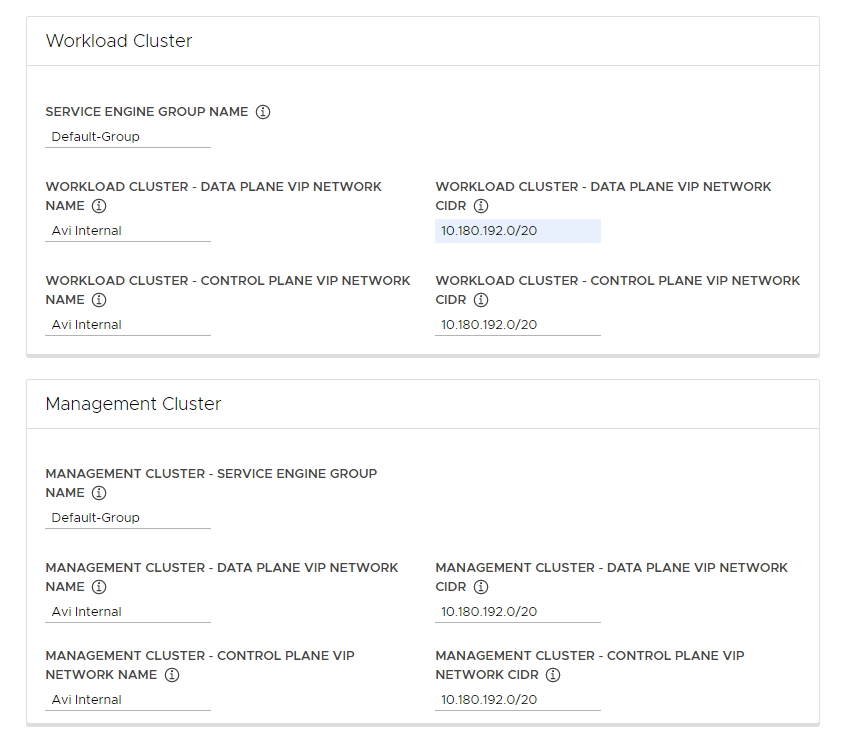 NSX ALB workload and management cluster settings
