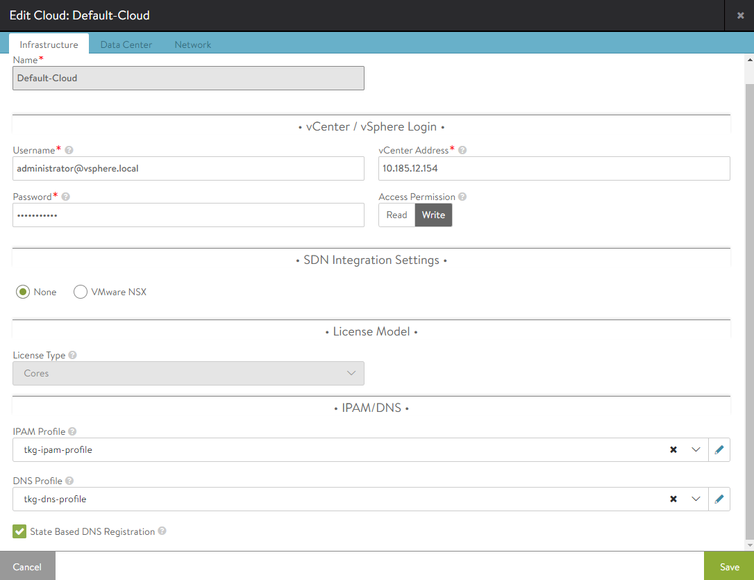 Add the IPAM and DNS Profiles to the Cloud