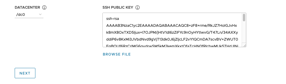 Select datacenter and provide SSH public key