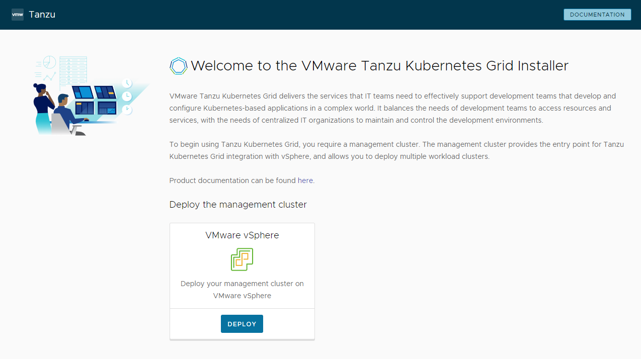 Tanzu Kubernetes Grid installer interface welcome page with Deploy to vSphere button