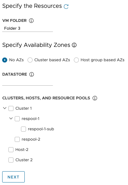Select cluster, host, or resource pool (no AZs)