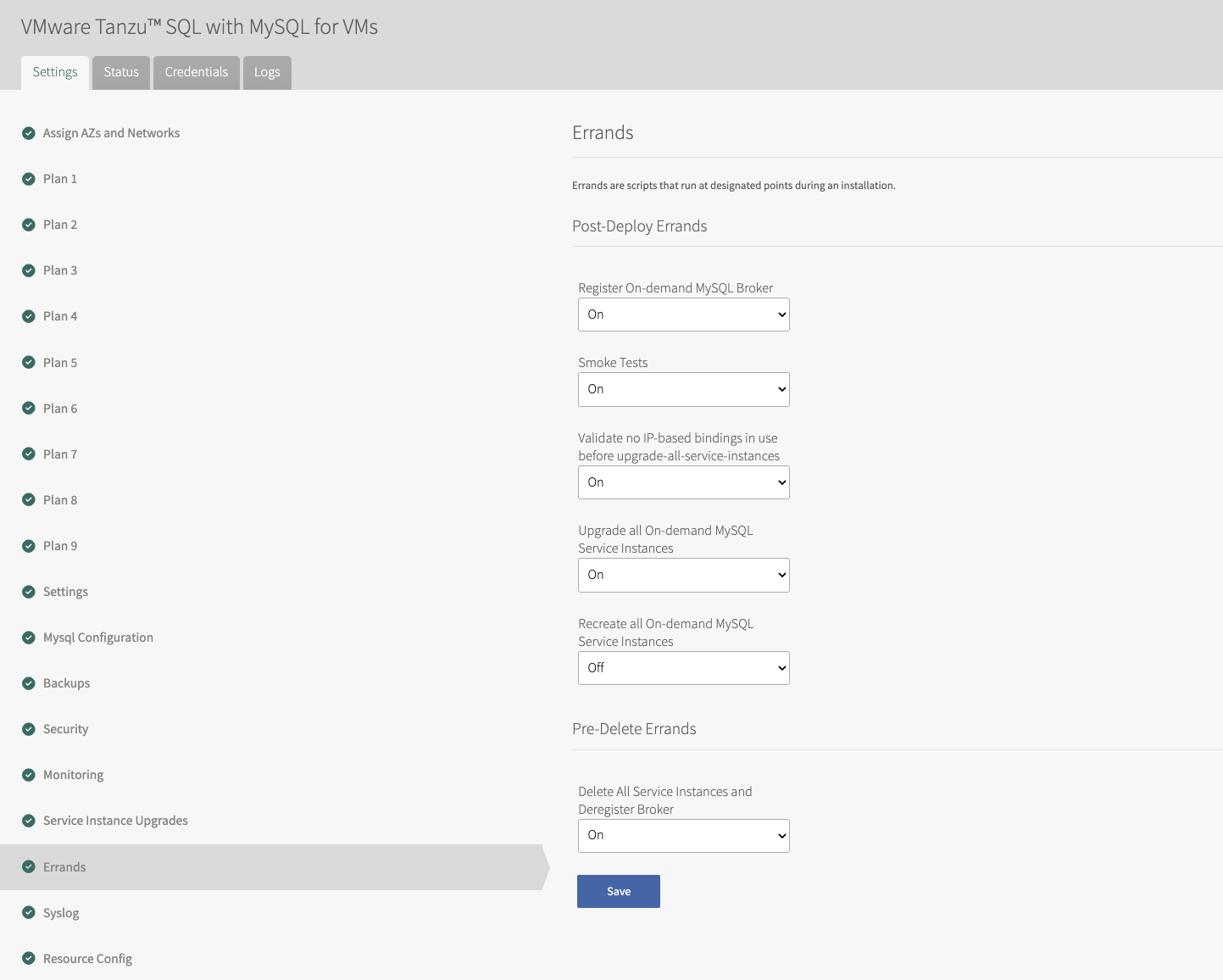 This is an example of an Errand in the Settings tab of a MySQL for VMs service.