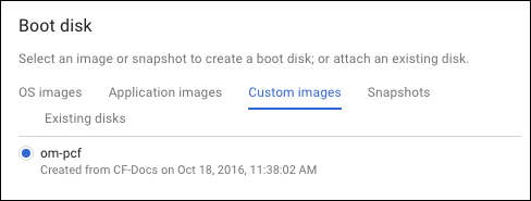 Boot disk, Custom images tab. Select image.
