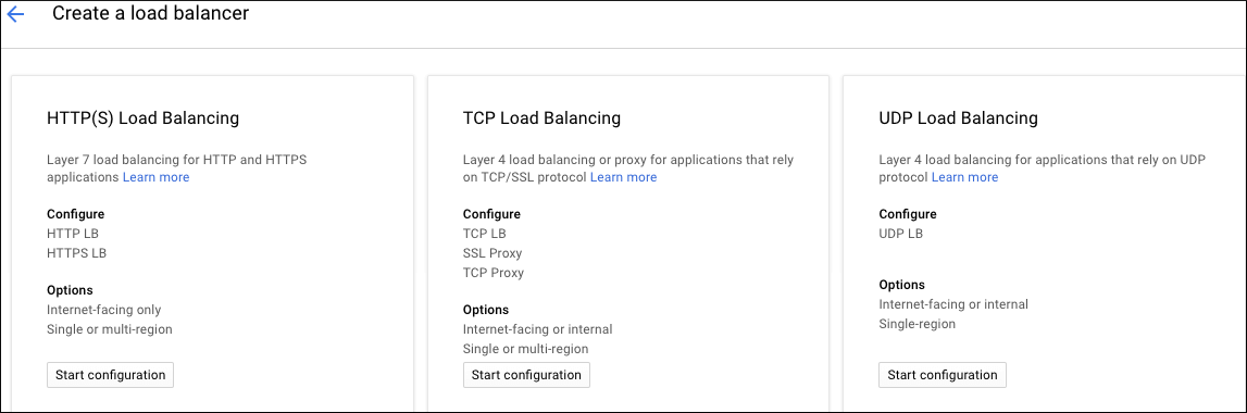 The Create a load balancer page has three sections: HTTP(S) Load Balancing, TCP Load Balancing, and UDP Load Balancing.