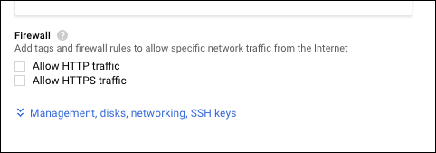 The Management, disks, networking, SSH keys drop-down menu.