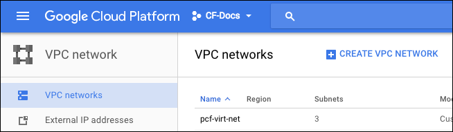 On the GCP console, the VPC Network page has two sections: VPC Networks and External IP Addresses.