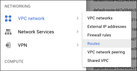 The Networking menu includes these options: VPC network, Network Services, VPN.