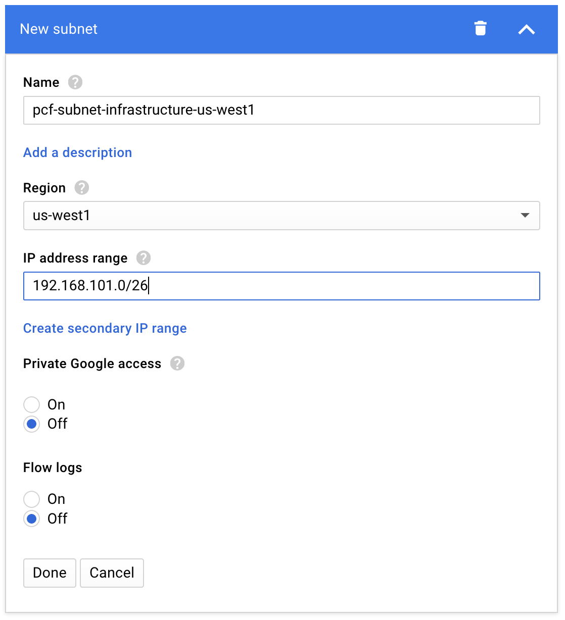The New subnet dialog box includes these sections: Name, Region, IP address range, Private Google access, and Flow logs.