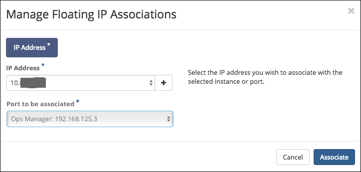 Manage Floating IP Associations pane, with an IP address added