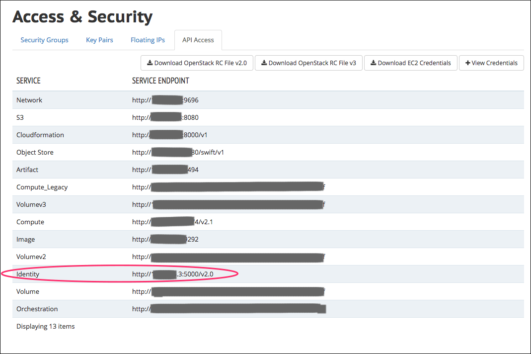 Access & Security page, API Access tab, Identity row.