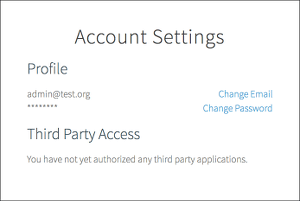 Account Settings page displays Profile user name and password (obscured), and Third-Party Access. It also has 2 buttons, Change Email, Change Password.